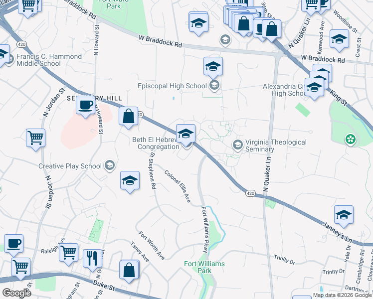 map of restaurants, bars, coffee shops, grocery stores, and more near 3830 Seminary Road in Alexandria