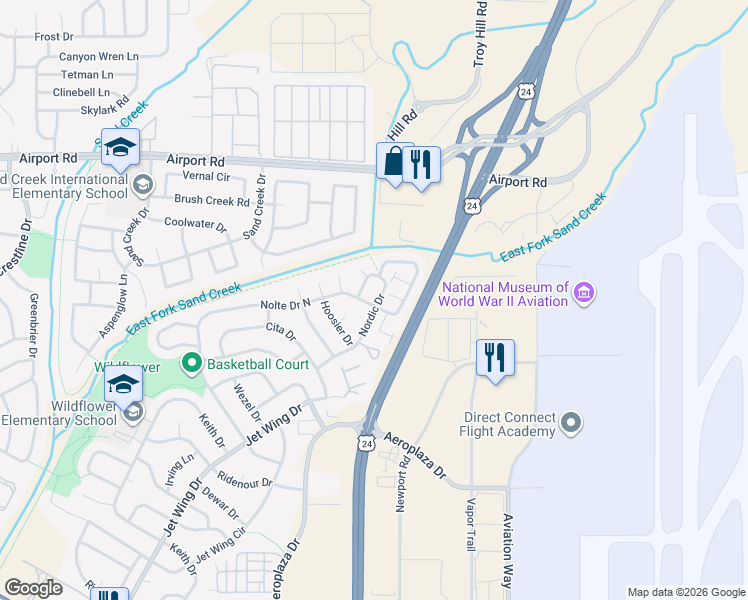 map of restaurants, bars, coffee shops, grocery stores, and more near 830 Nordic Drive in Colorado Springs