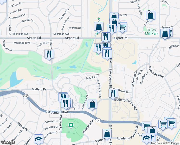 map of restaurants, bars, coffee shops, grocery stores, and more near 749 Mediterranean Point in Colorado Springs