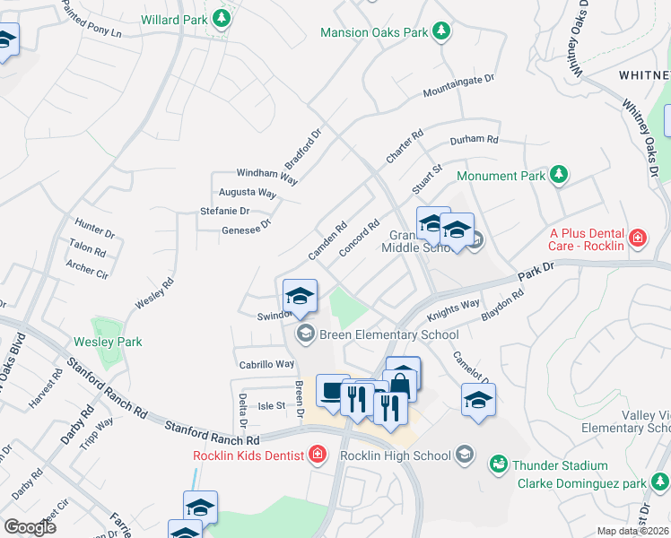 map of restaurants, bars, coffee shops, grocery stores, and more near 2814 Shelton Street in Rocklin