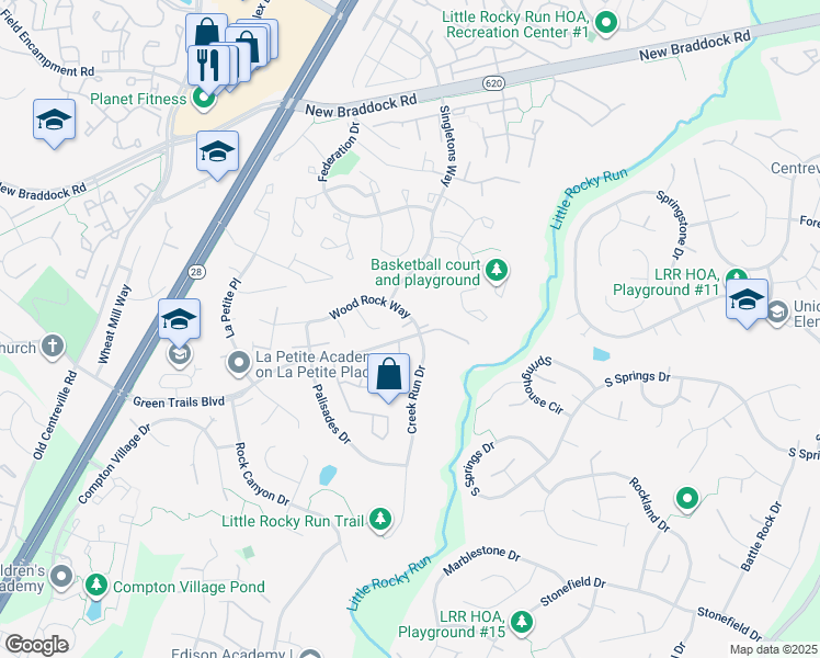 map of restaurants, bars, coffee shops, grocery stores, and more near 14003 Wood Rock Way in Centreville
