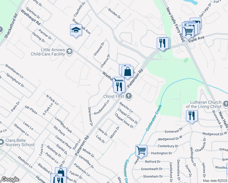 map of restaurants, bars, coffee shops, grocery stores, and more near 2807 Patterson Road in Florissant