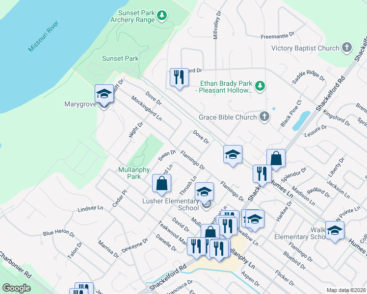 map of restaurants, bars, coffee shops, grocery stores, and more near 2325 Flamingo Drive in Florissant