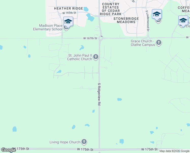map of restaurants, bars, coffee shops, grocery stores, and more near 16996 South Hunter Street in Olathe