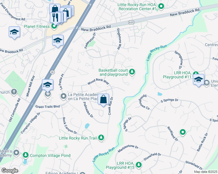 map of restaurants, bars, coffee shops, grocery stores, and more near 14003 Wood Rock Way in Centreville