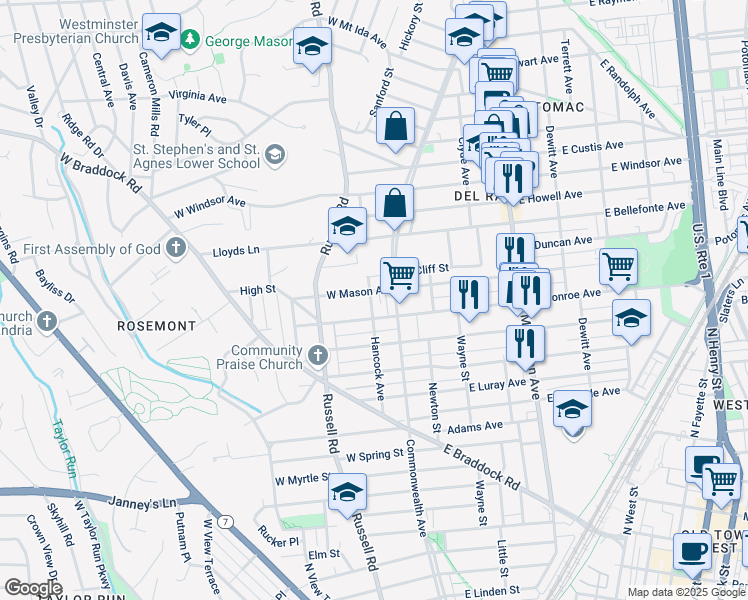 map of restaurants, bars, coffee shops, grocery stores, and more near 1613 Hancock Avenue in Alexandria