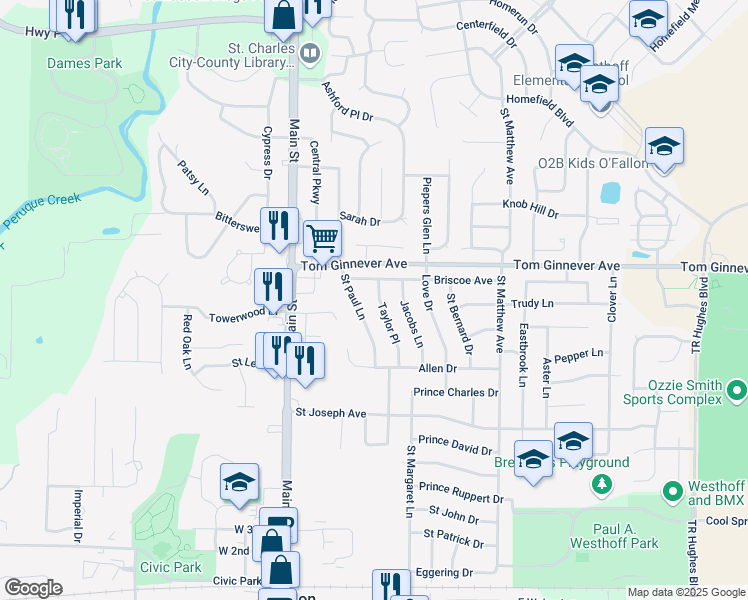 map of restaurants, bars, coffee shops, grocery stores, and more near 909 Taylor Place in O'Fallon
