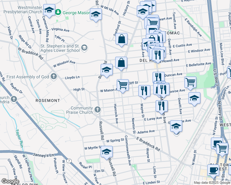 map of restaurants, bars, coffee shops, grocery stores, and more near 1613 Hancock Avenue in Alexandria