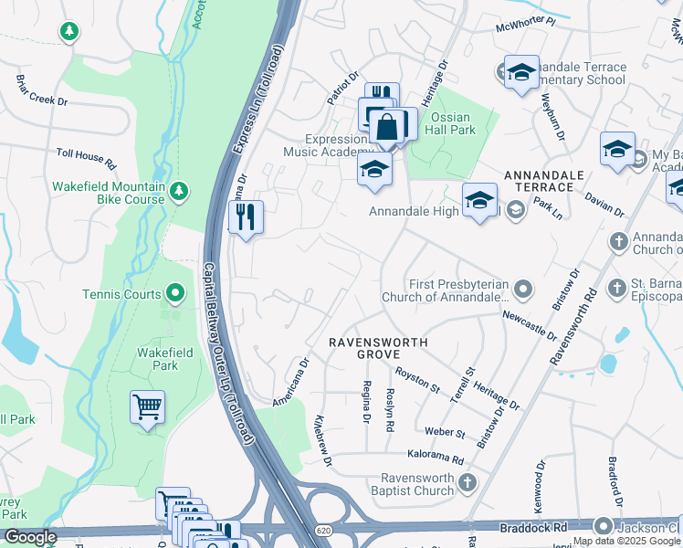 map of restaurants, bars, coffee shops, grocery stores, and more near 7813 Winona Court in Annandale