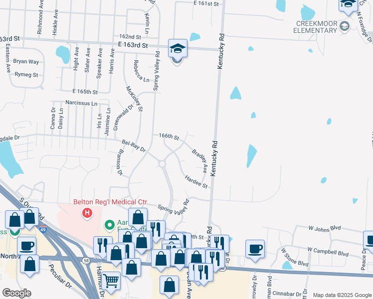 map of restaurants, bars, coffee shops, grocery stores, and more near 8303 166th Street in Belton