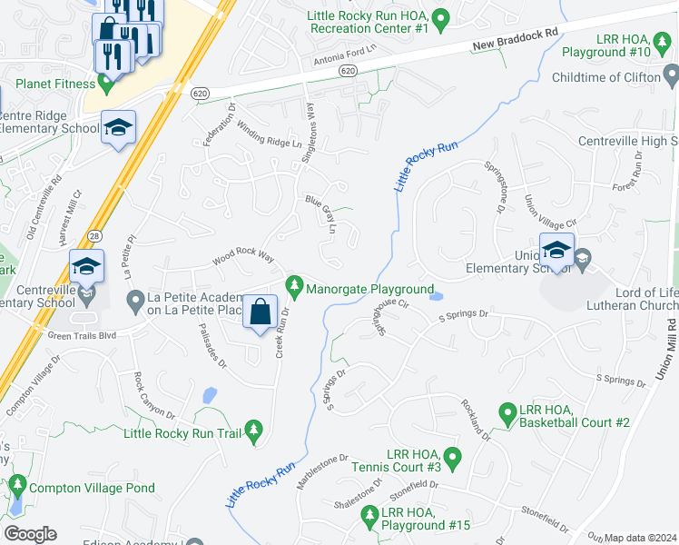 map of restaurants, bars, coffee shops, grocery stores, and more near 13900 Baton Rouge Court in Centreville