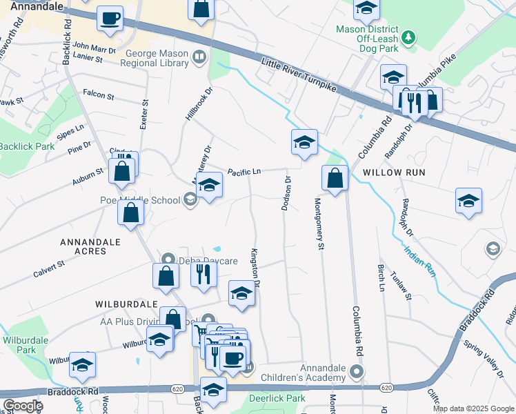 map of restaurants, bars, coffee shops, grocery stores, and more near 4803 Kingston Drive in Annandale