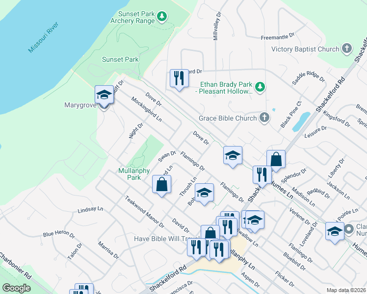map of restaurants, bars, coffee shops, grocery stores, and more near 2325 Flamingo Drive in Florissant