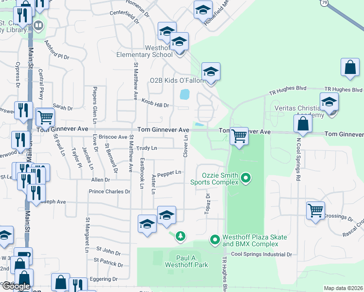 map of restaurants, bars, coffee shops, grocery stores, and more near 810 Clover Lane in O'Fallon