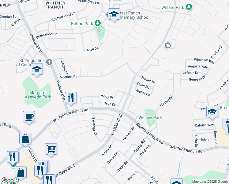 map of restaurants, bars, coffee shops, grocery stores, and more near 1733 Poppy Drive in Rocklin