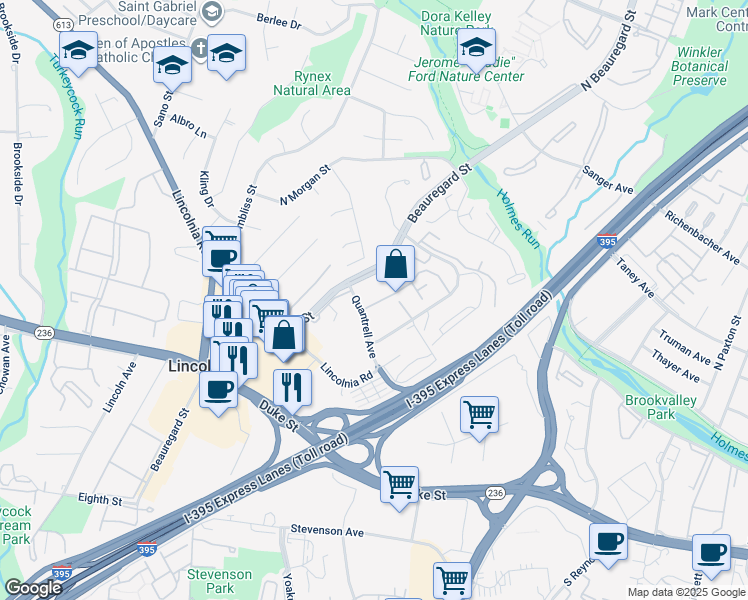 map of restaurants, bars, coffee shops, grocery stores, and more near 5927 Quantrell Avenue in Alexandria