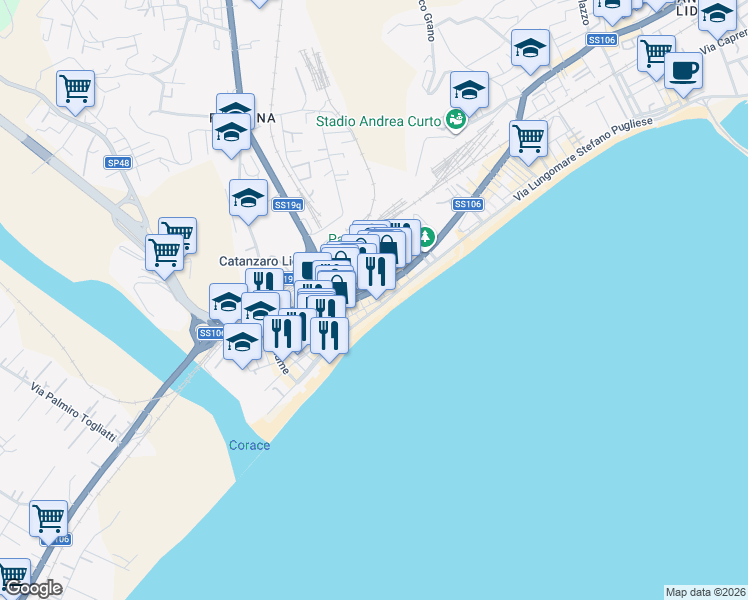 map of restaurants, bars, coffee shops, grocery stores, and more near 5 Via Nicea in Catanzaro