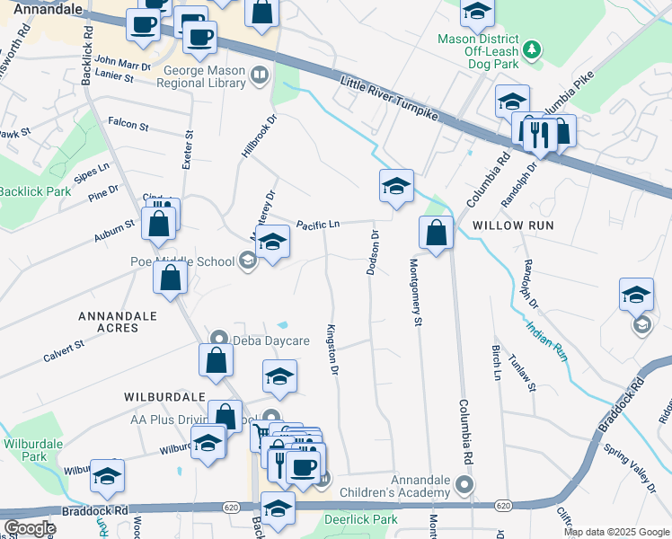 map of restaurants, bars, coffee shops, grocery stores, and more near 4803 Kingston Drive in Annandale