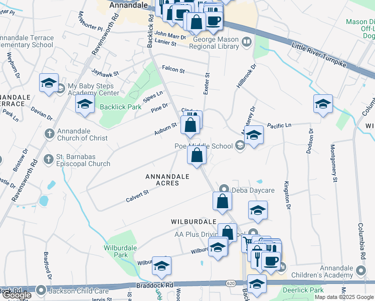 map of restaurants, bars, coffee shops, grocery stores, and more near 7151 Beverly Street in Annandale
