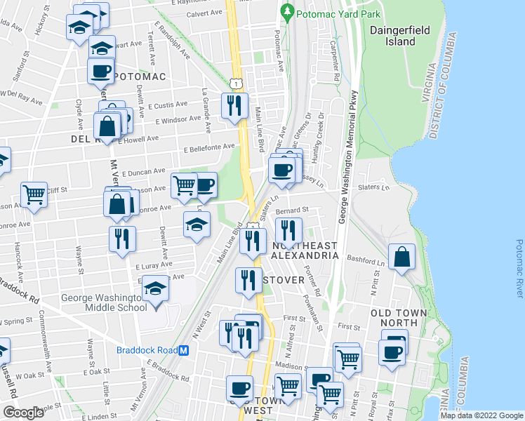 map of restaurants, bars, coffee shops, grocery stores, and more near Slaters Ln & Powhatan St in Alexandria