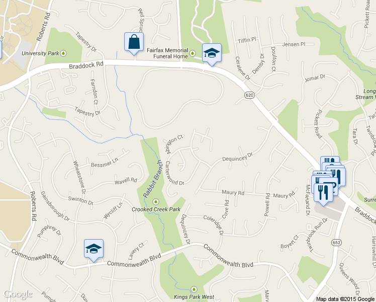 map of restaurants, bars, coffee shops, grocery stores, and more near 4701 Carterwood Drive in Fairfax