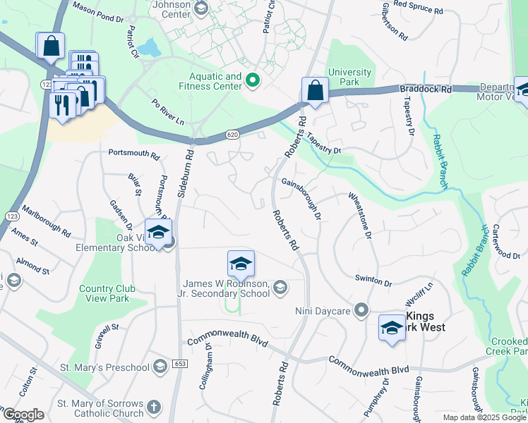 map of restaurants, bars, coffee shops, grocery stores, and more near 10476 Malone Court in Fairfax