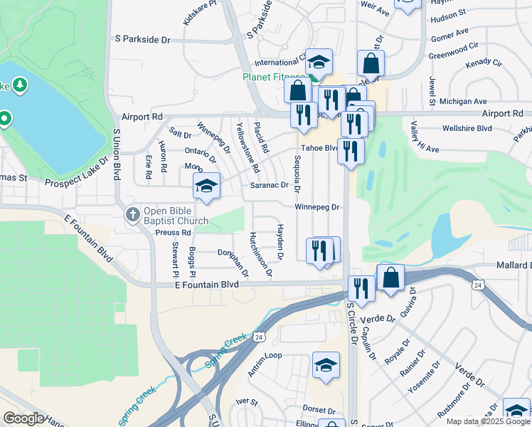 map of restaurants, bars, coffee shops, grocery stores, and more near 2410 Norse Drive in Colorado Springs