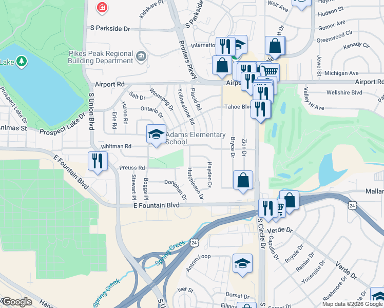 map of restaurants, bars, coffee shops, grocery stores, and more near 2410 Norse Drive in Colorado Springs