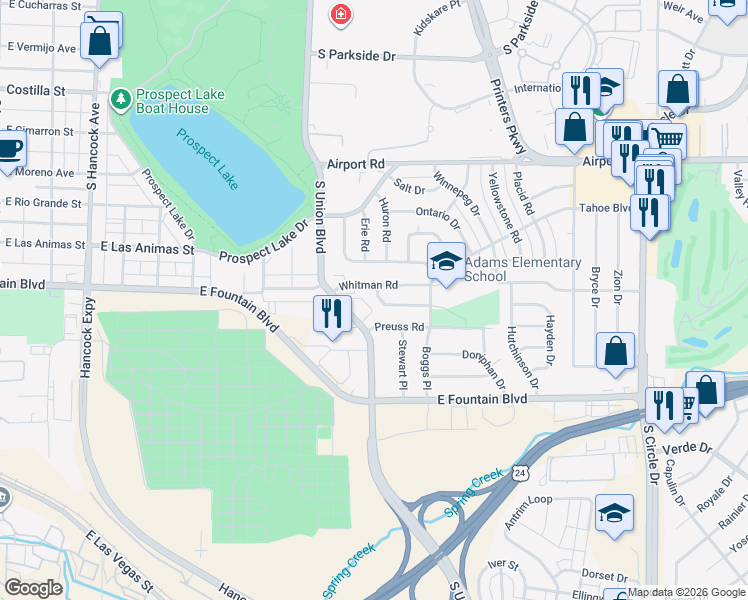 map of restaurants, bars, coffee shops, grocery stores, and more near 1918 Preuss Road in Colorado Springs