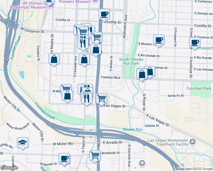 map of restaurants, bars, coffee shops, grocery stores, and more near 224 East Mill Street in Colorado Springs
