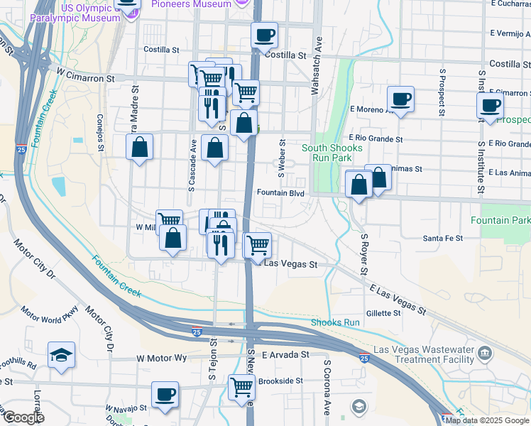 map of restaurants, bars, coffee shops, grocery stores, and more near 224 East Mill Street in Colorado Springs