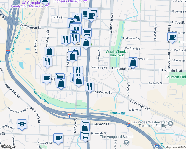 map of restaurants, bars, coffee shops, grocery stores, and more near 224 East Mill Street in Colorado Springs