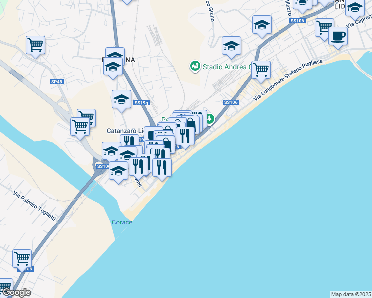 map of restaurants, bars, coffee shops, grocery stores, and more near 5 Via Nicea in Catanzaro