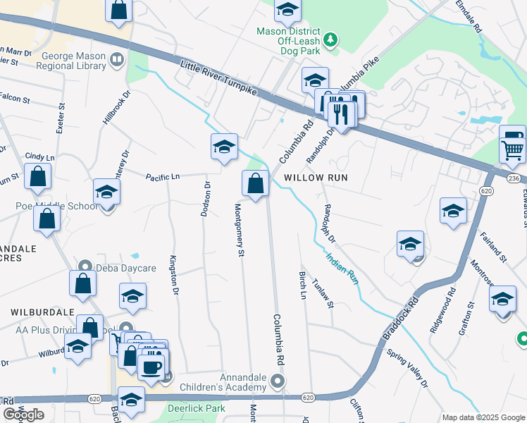 map of restaurants, bars, coffee shops, grocery stores, and more near 4720 Columbia Road in Annandale