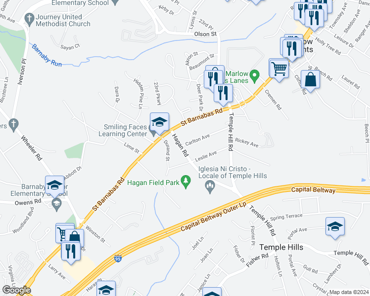 map of restaurants, bars, coffee shops, grocery stores, and more near 5100 Hagan Road in Temple Hills