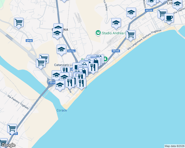 map of restaurants, bars, coffee shops, grocery stores, and more near 5 Via Nicea in Catanzaro