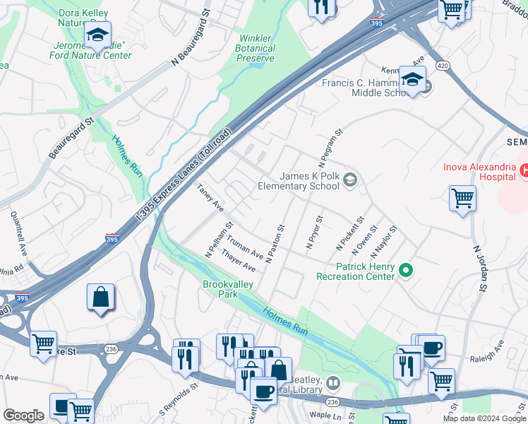 map of restaurants, bars, coffee shops, grocery stores, and more near 910 Peele Place in Alexandria