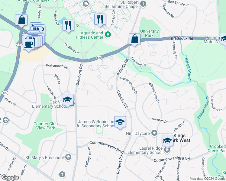 map of restaurants, bars, coffee shops, grocery stores, and more near 10476 Malone Court in Fairfax