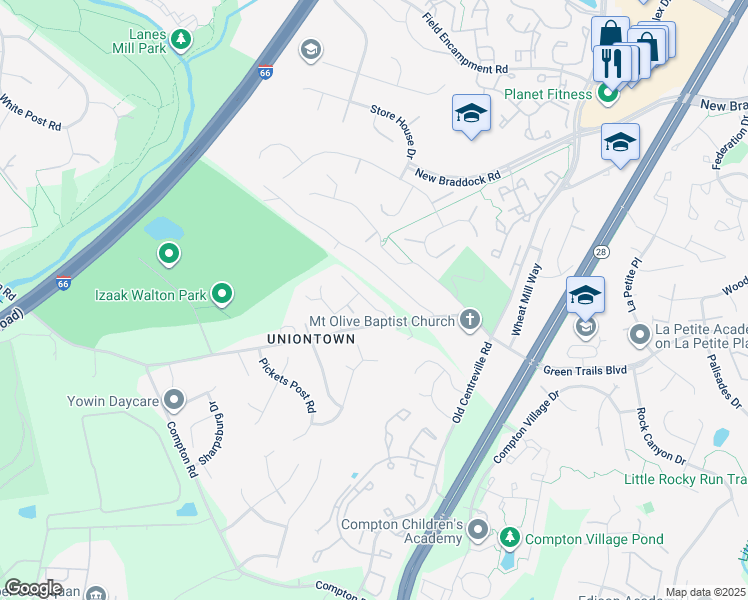 map of restaurants, bars, coffee shops, grocery stores, and more near 6668 Jackson Fields Court in Centreville