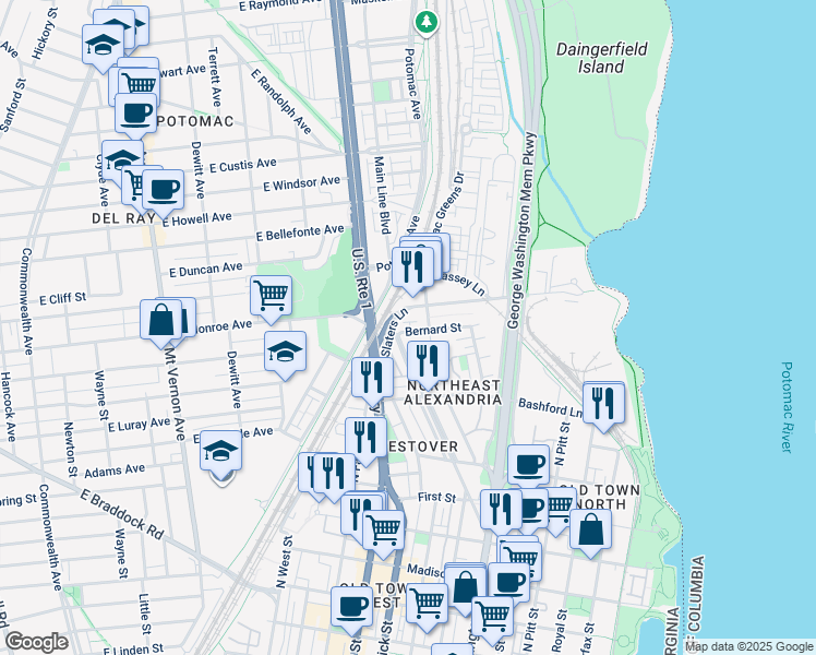 map of restaurants, bars, coffee shops, grocery stores, and more near 1021 Bernard Street in Alexandria