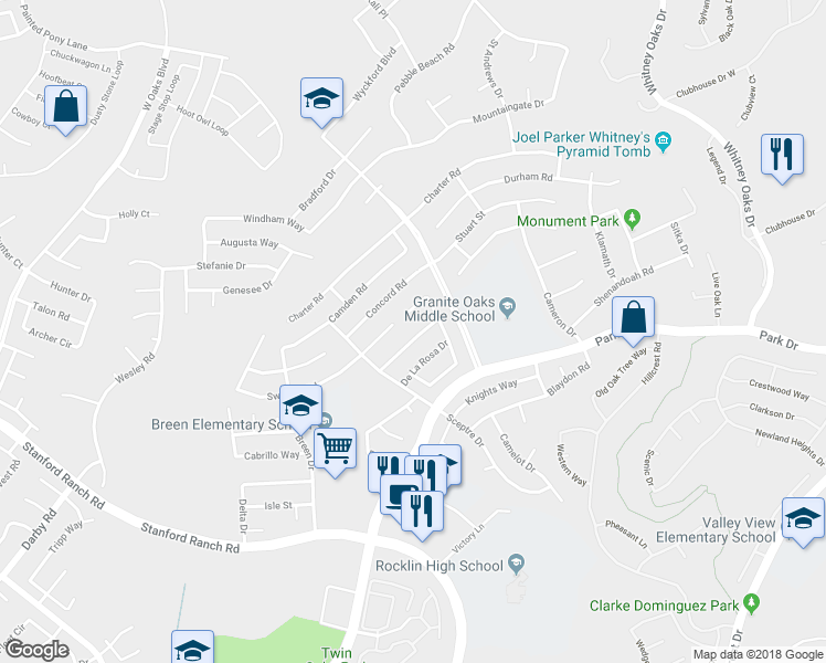 map of restaurants, bars, coffee shops, grocery stores, and more near 5223 Del Vista Way in Rocklin