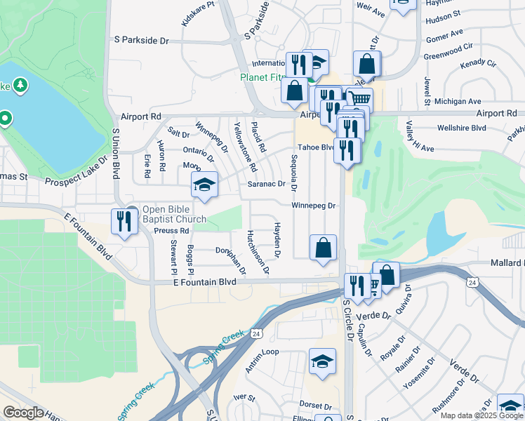 map of restaurants, bars, coffee shops, grocery stores, and more near 2410 Norse Drive in Colorado Springs