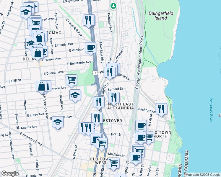 map of restaurants, bars, coffee shops, grocery stores, and more near 1021 Bernard Street in Alexandria