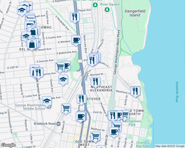 map of restaurants, bars, coffee shops, grocery stores, and more near 1013 Bernard Street in Alexandria