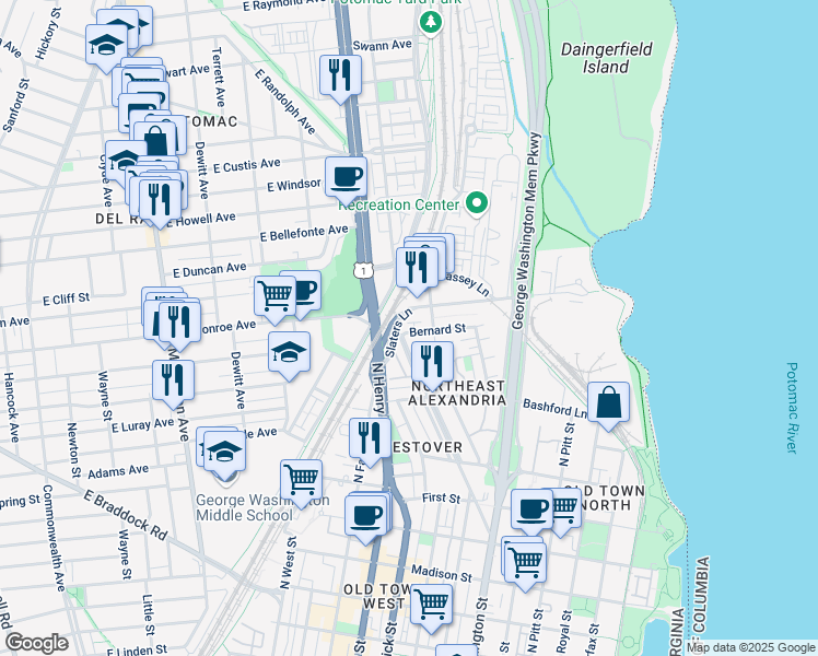 map of restaurants, bars, coffee shops, grocery stores, and more near 1025 Bernard Street in Alexandria