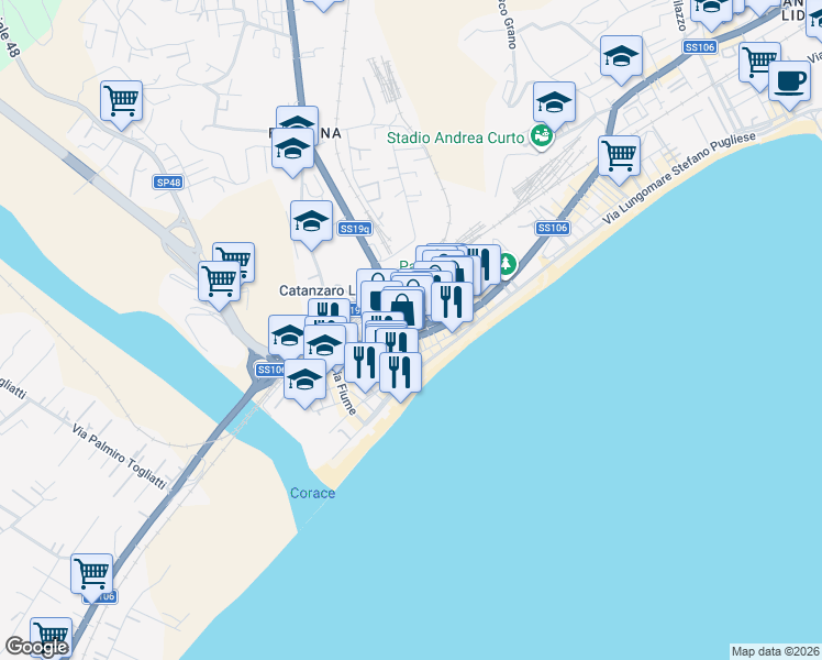 map of restaurants, bars, coffee shops, grocery stores, and more near 50 Via Torrazzo in Catanzaro