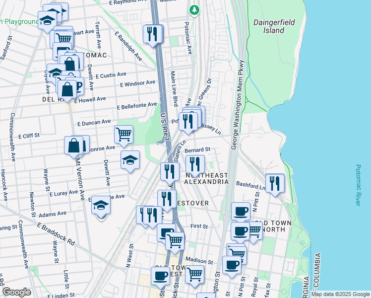 map of restaurants, bars, coffee shops, grocery stores, and more near 1023 Bernard Street in Alexandria