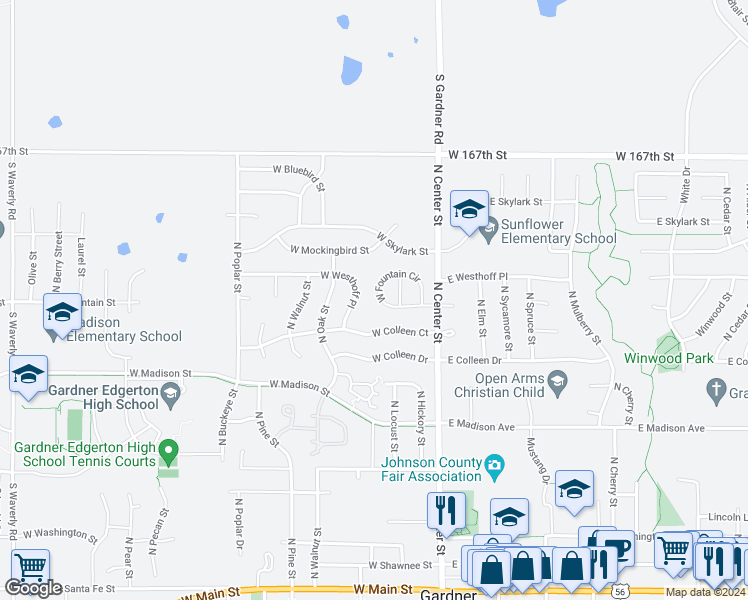 map of restaurants, bars, coffee shops, grocery stores, and more near 149 West Fountain Circle in Gardner