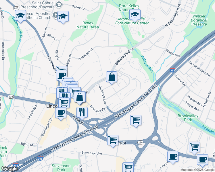 map of restaurants, bars, coffee shops, grocery stores, and more near 5929 Quantrell Avenue in Alexandria