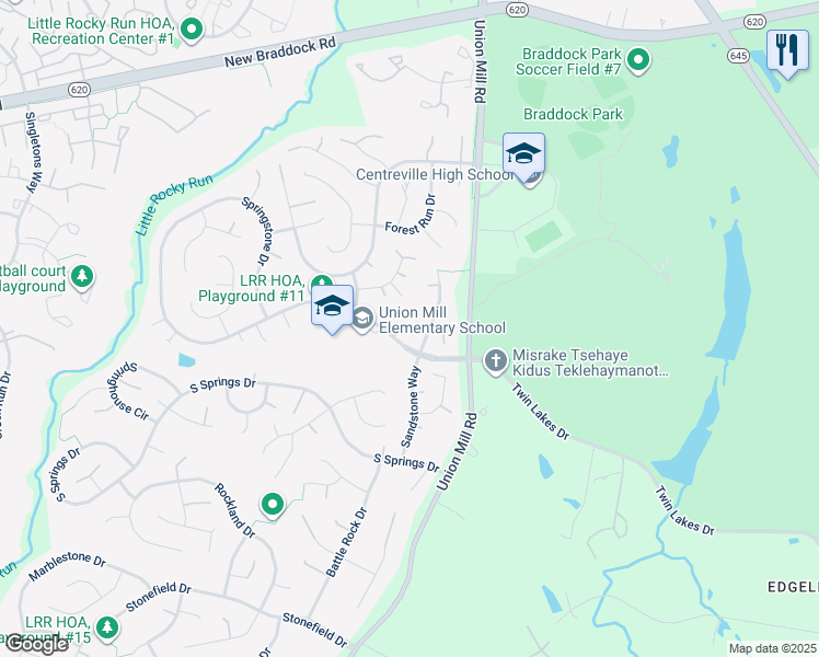 map of restaurants, bars, coffee shops, grocery stores, and more near 13604 Springstone Drive in Clifton